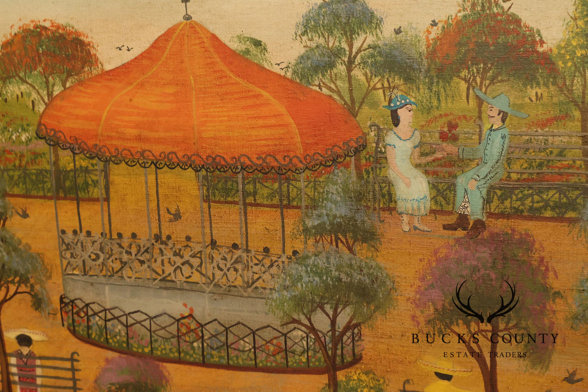 Original Mexican Oil Folk Art Garden And Carriage Scene Painting By R Torres
