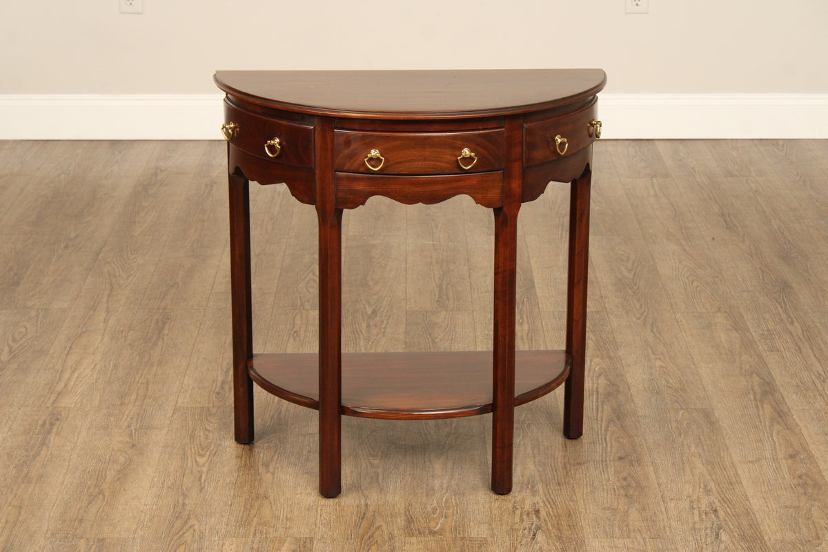 Harden Mahogany Demilune Console Table With Drawers And Lower Shelf