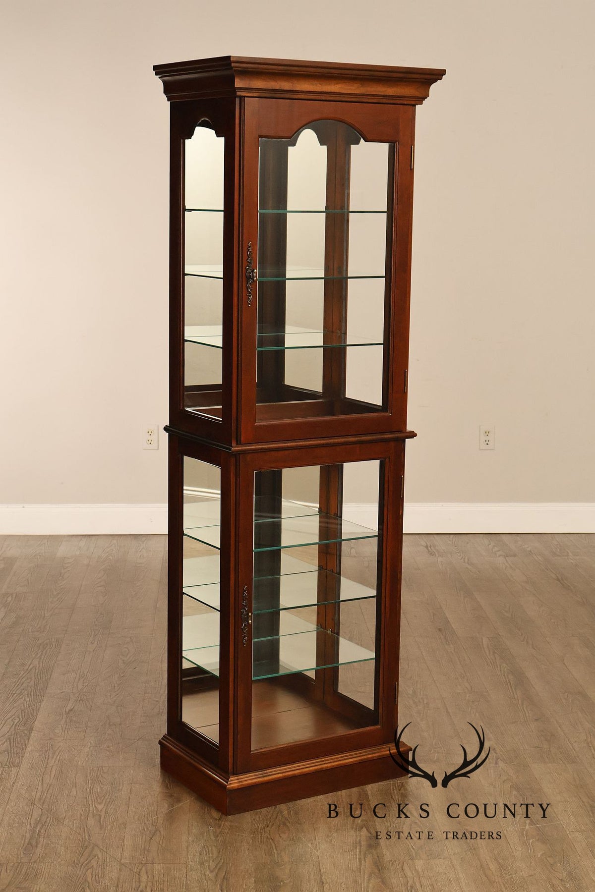 Narrow Cherry Lighted Curio Display Cabinet With Glass Shelves
