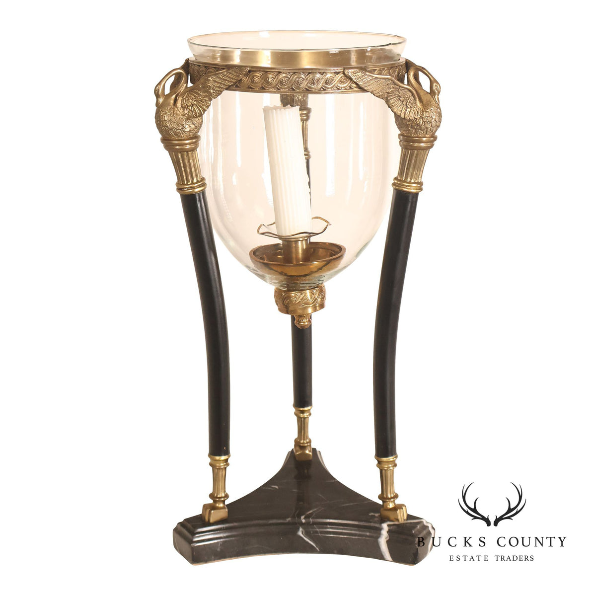 Empire Style Brass Swan And Marble Hurricane Candle Holder