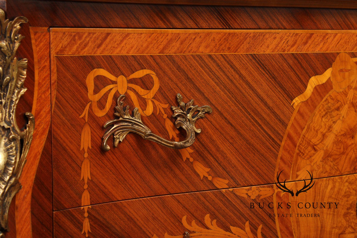 Louis XV Style Pair Of Marquetry Inlaid Marble Top Bombe Commodes