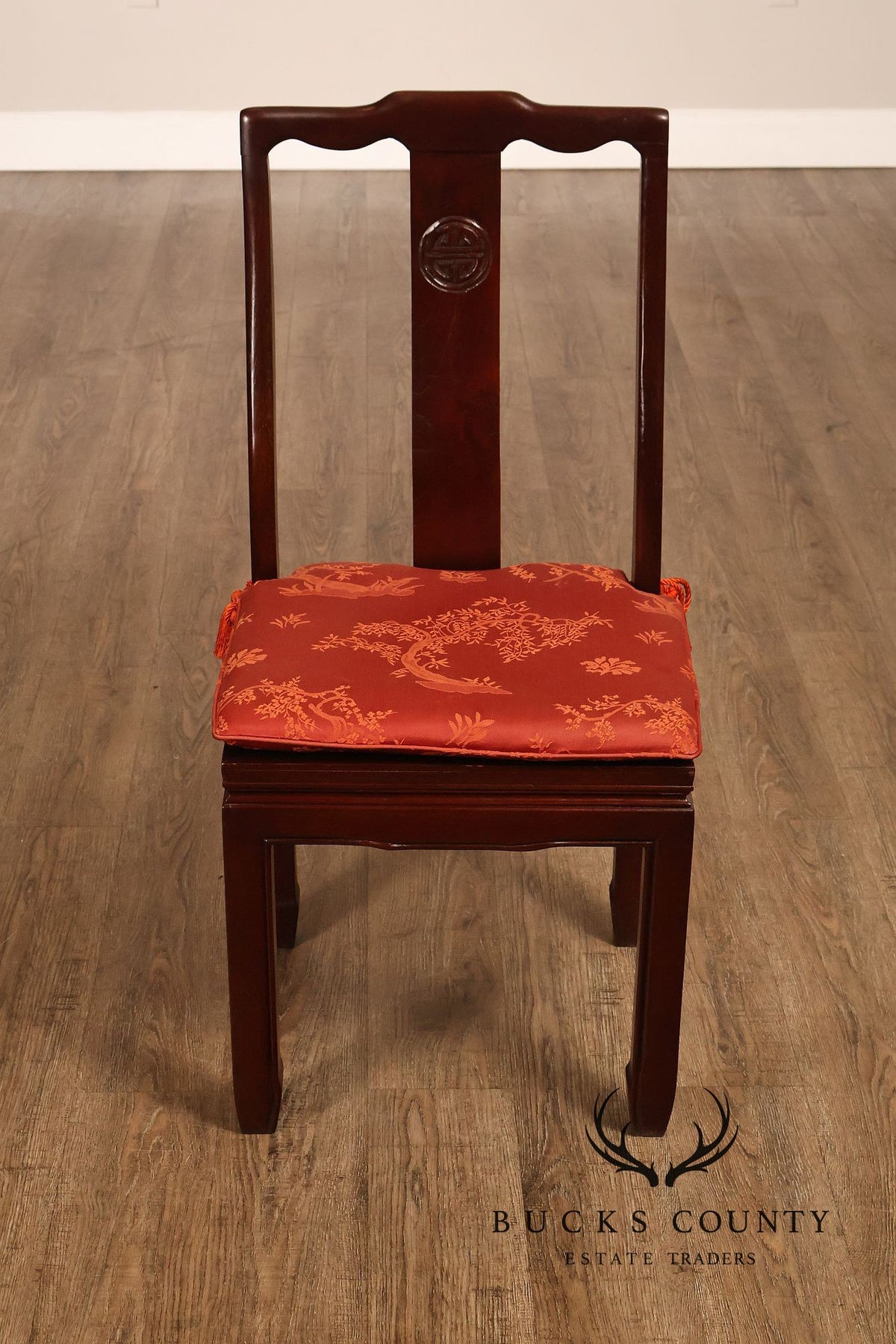 Asian Style Set Of Ten Rosewood Dining Chairs With Red Silk Cushions