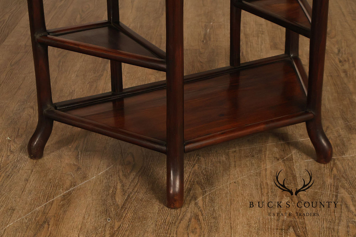 Asian Style Demilune Marble Top Side Table With Tiered Shelves