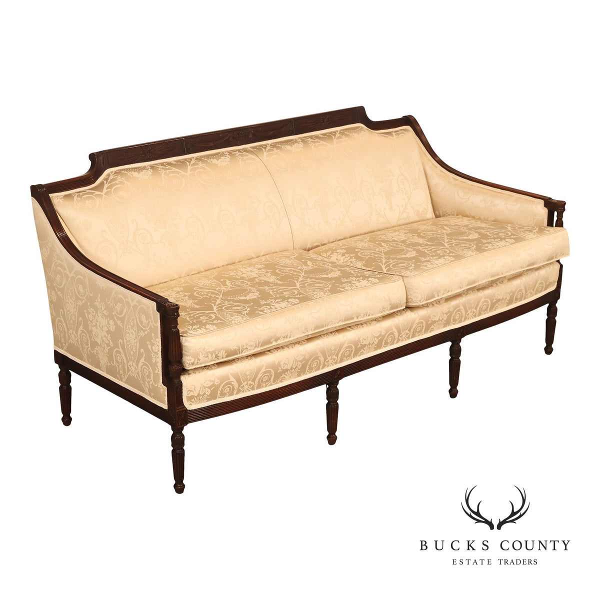 Federal Sheraton Style Upholstered Sofa With Carved Wood Frame