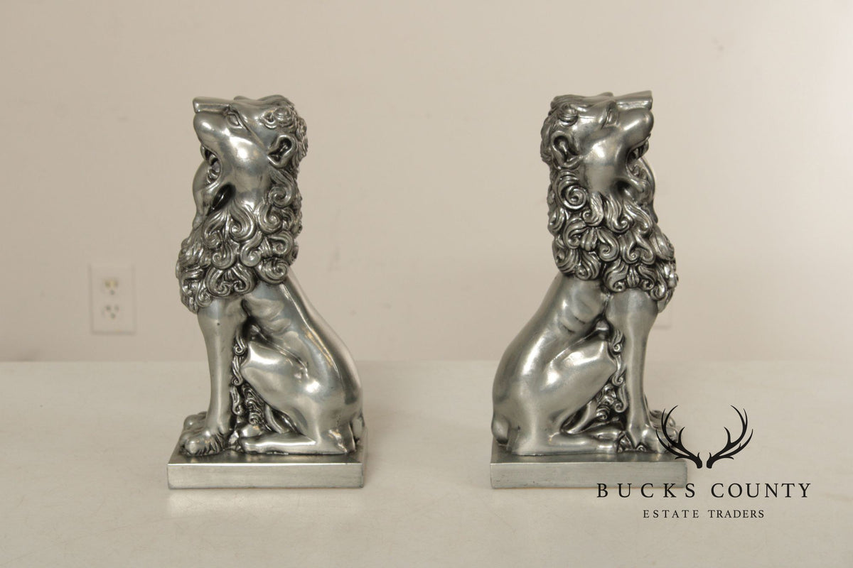 Vintage Pair Of Silvered Metal Lion Bookends