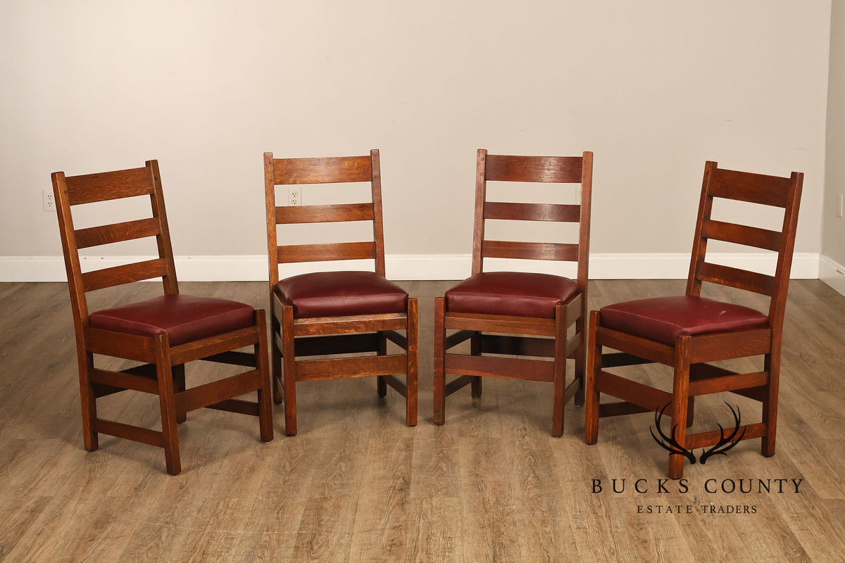 Antique L. & J. G. Stickley Set Of Four Oak Ladder Back Dining Chairs  #800