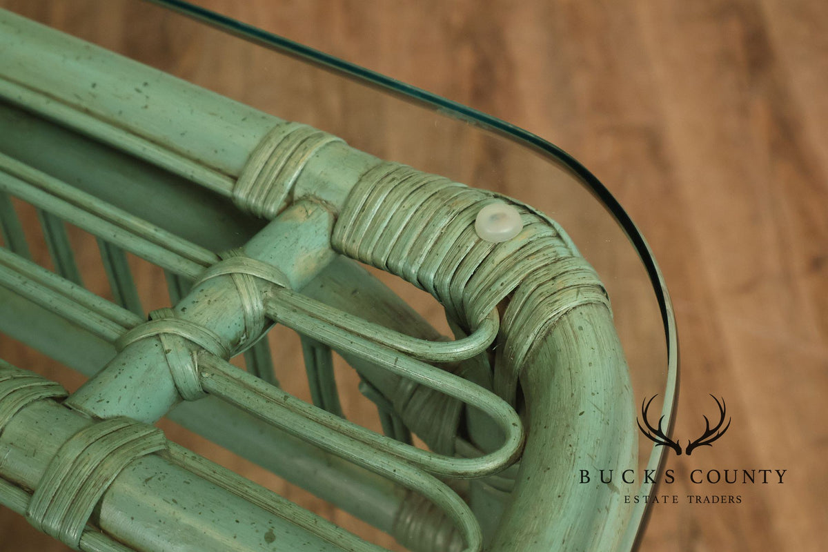 Boho Chic Glass Top Painted Rattan Glass Top Console Table