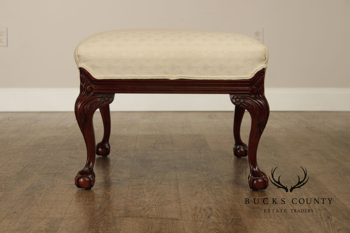 Thomasville Pair Of Chippendale Style Mahogany Upholstered Ottomans