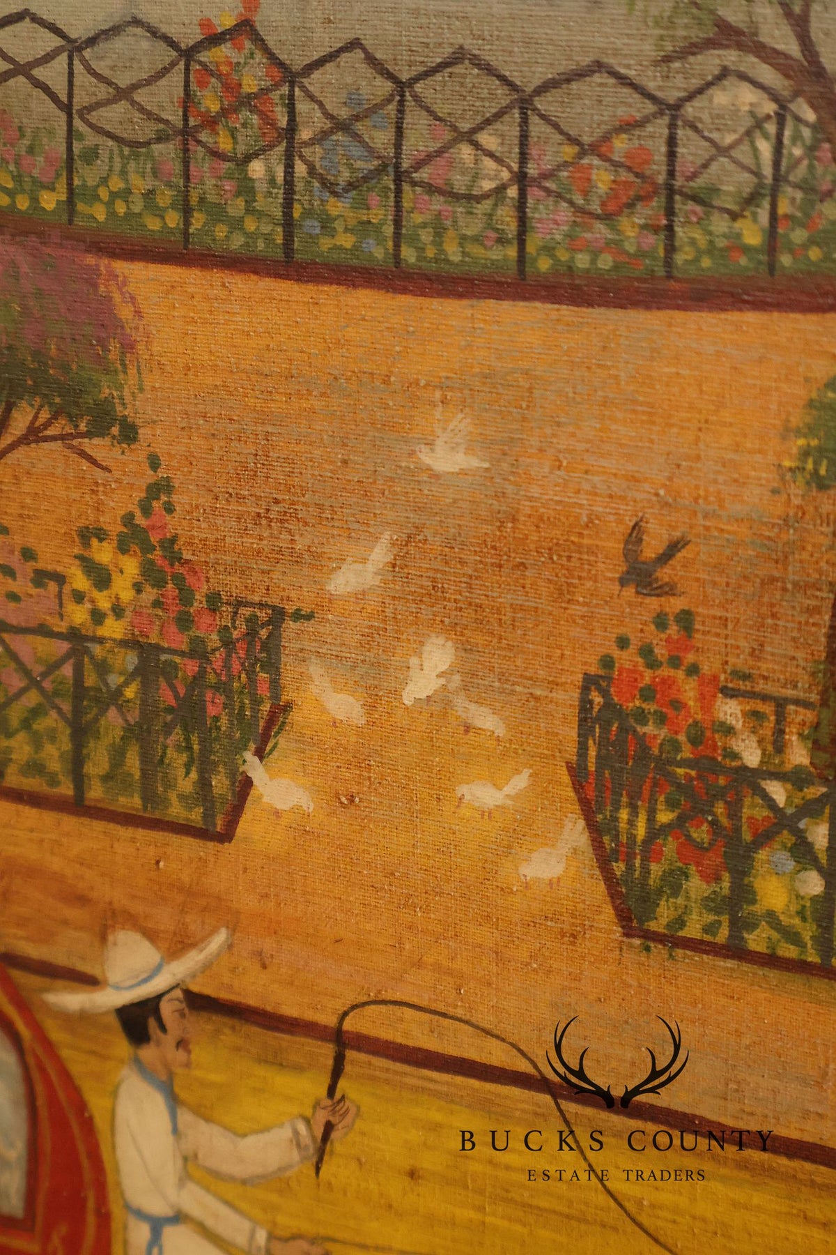 Original Mexican Oil Folk Art Garden And Carriage Scene Painting By R Torres