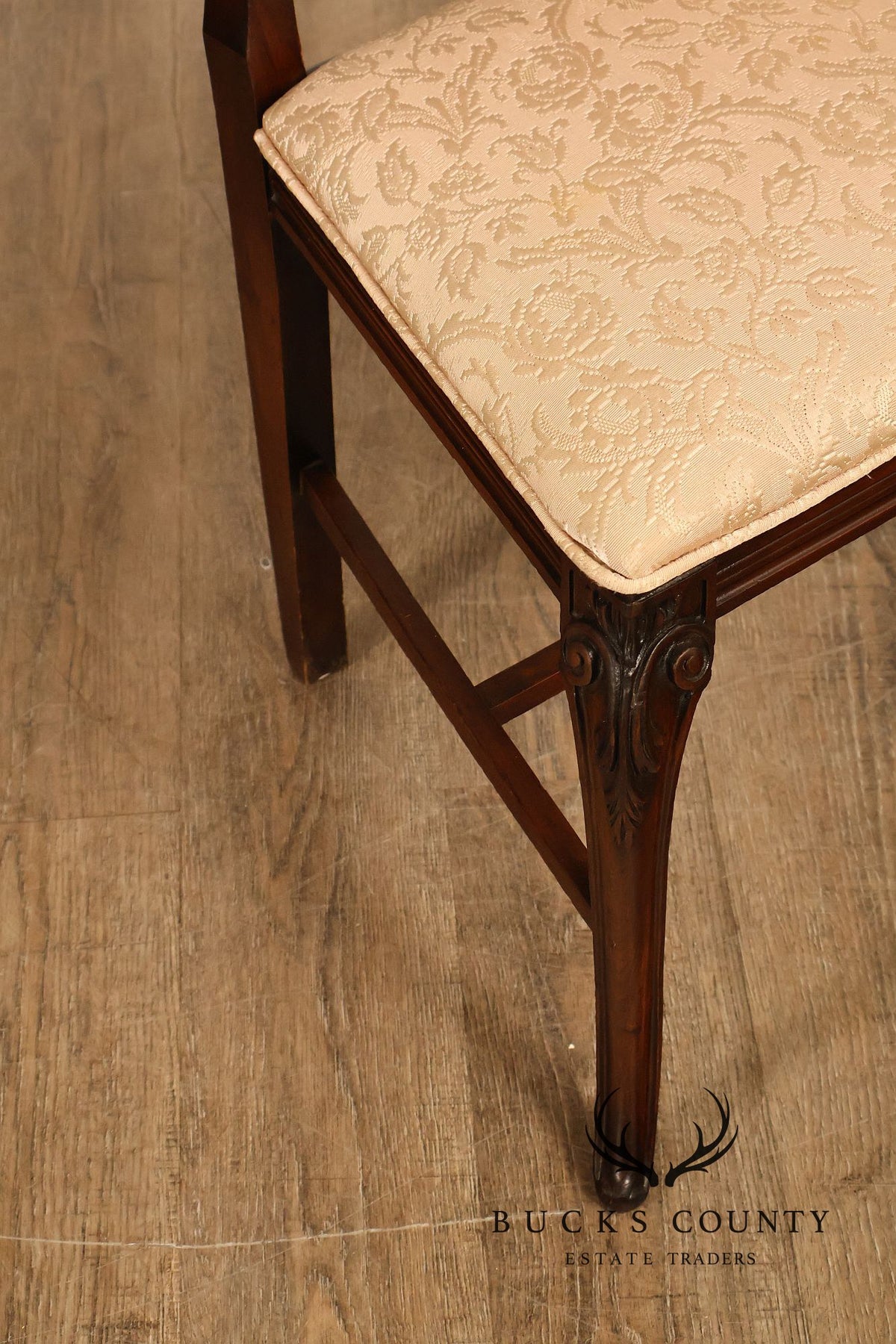 Traditional Mahogany Carved Side Chair With Floral Damask Upholstery