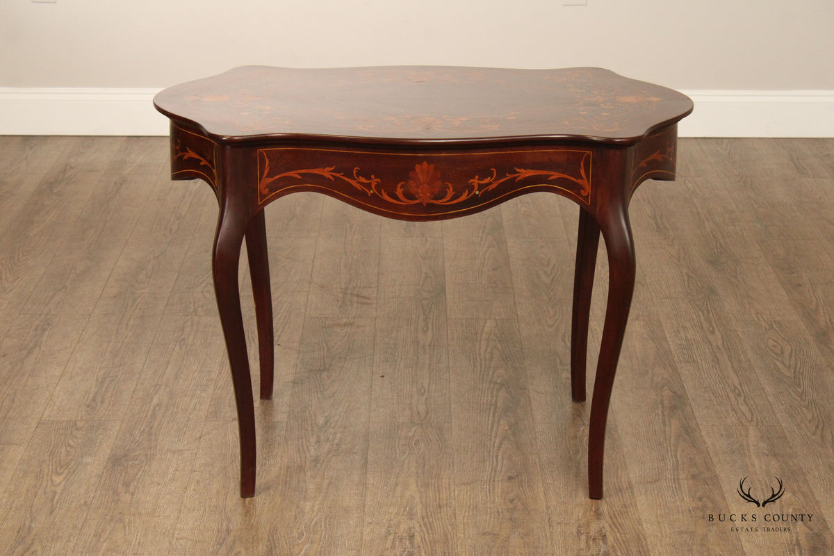 Antique Inlaid Mahogany Center Table With Floral Marquetry And Mother Of Pearl Accents