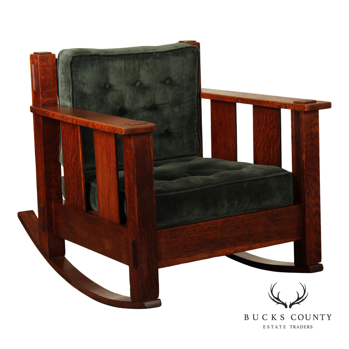 Stickley Brothers Antique Oak Arts & Crafts Rocking Chair With Green Upholstered Cushions