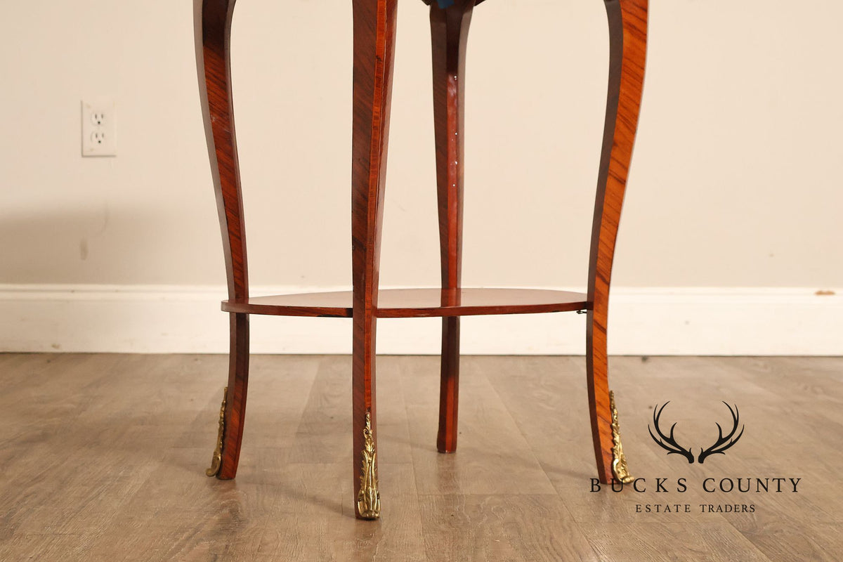 French Louis XVI Style Inlaid Oval Accent Table With Ormolu Mounts