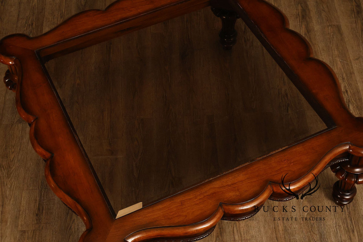 Mediterranean Style Carved Wood And Glass Square Coffee Table