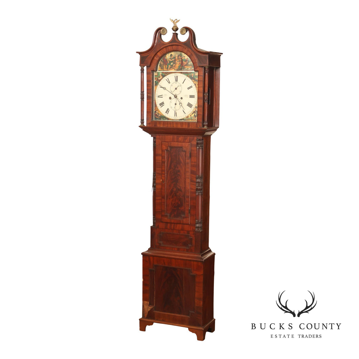 Antique Mahogany Tall Case Grandfather Clock With Painted Dial By Dundee