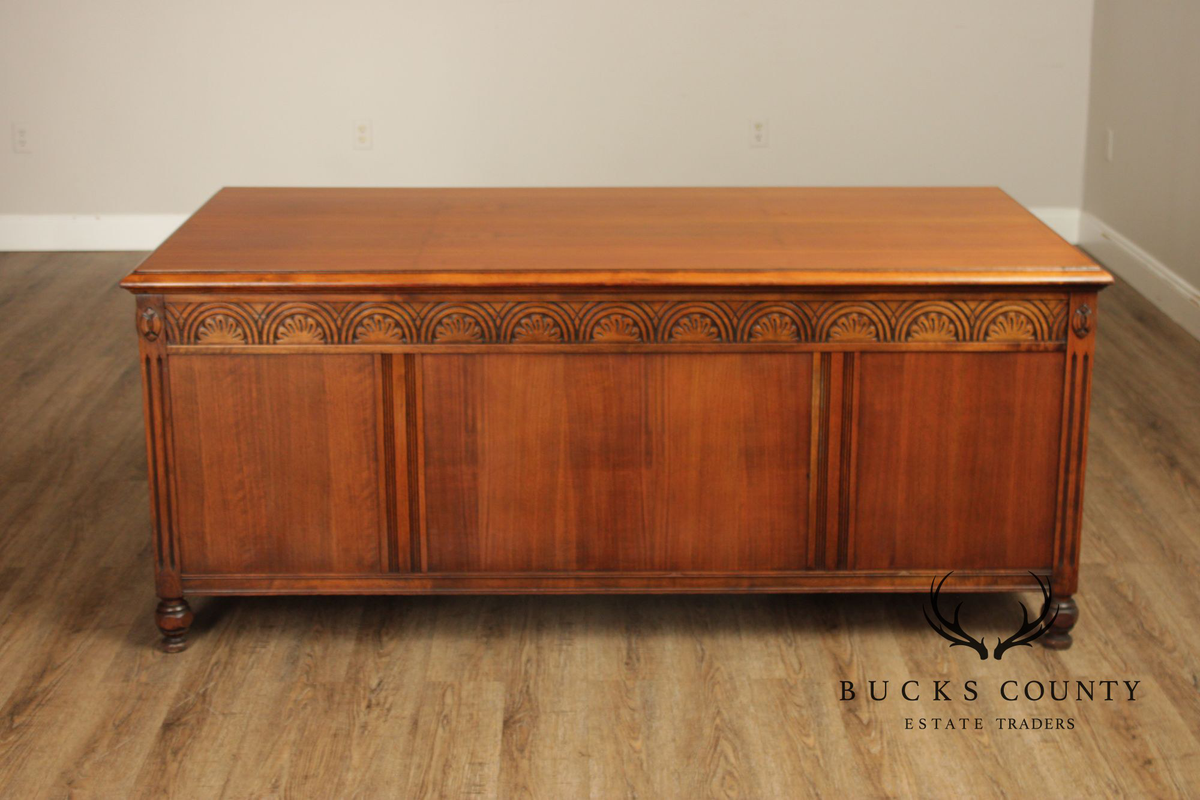 1930 Walnut Carved Pedestal Executive Desk with Pull-Out Writing Slides