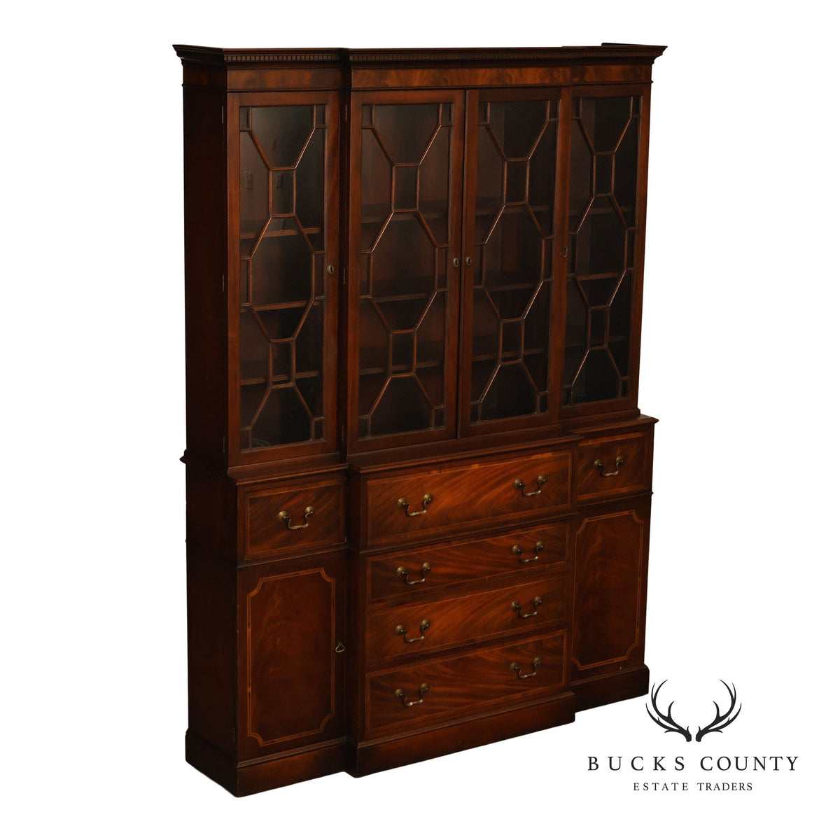 Georgian Style Mahogany Breakfront China Cabinet With Secretary Desk