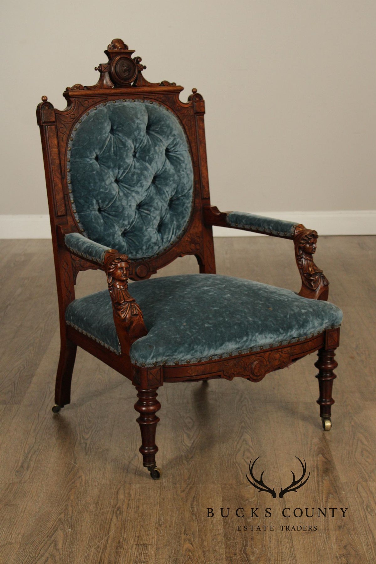 Antique Renaissance Revival Figural Carved Walnut Armchair