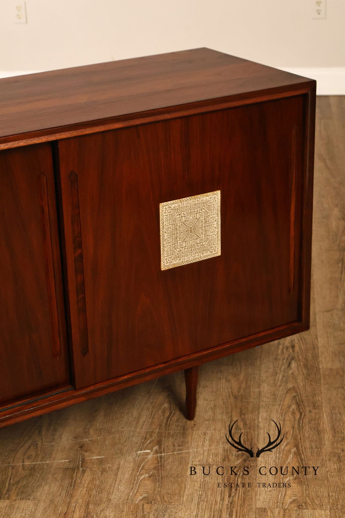 Mid Century Modern Walnut Buffet Sideboard With Decorative Tile Inlays