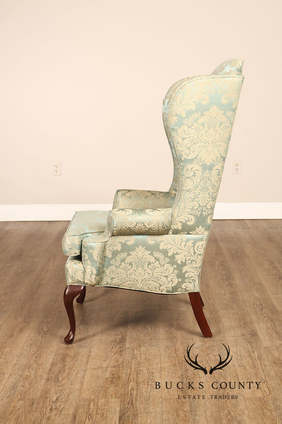 Quality Vintage Pair Of High Back Damask Upholstered Wing Chairs