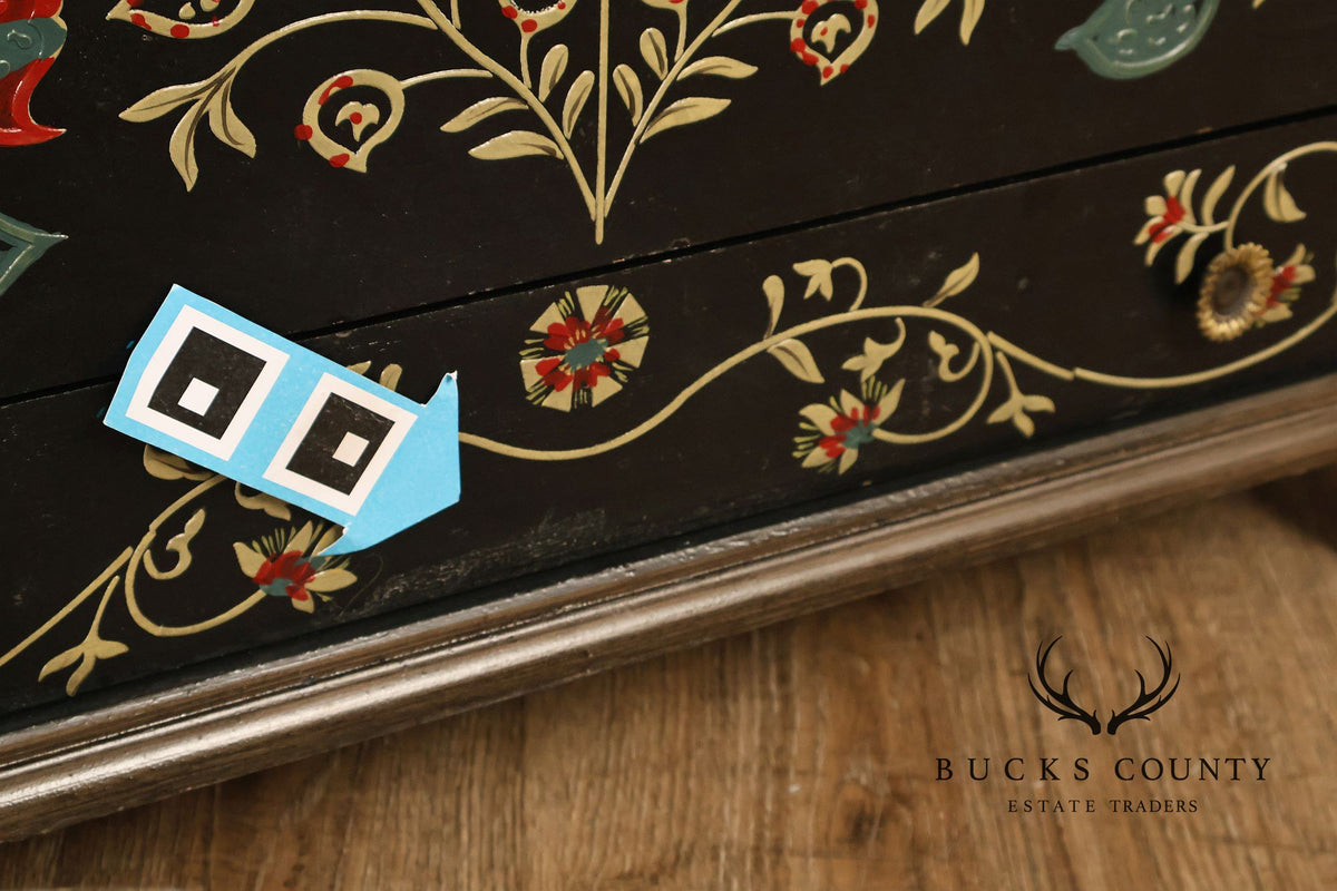 Hand Painted Black Floral Decorated Blanket Chest With Drawer