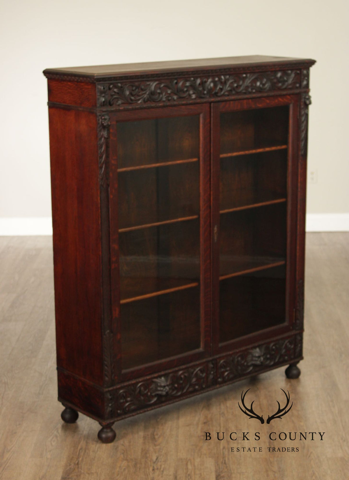 Antique Renaissance Revival Carved Oak Glass Door Bookcase