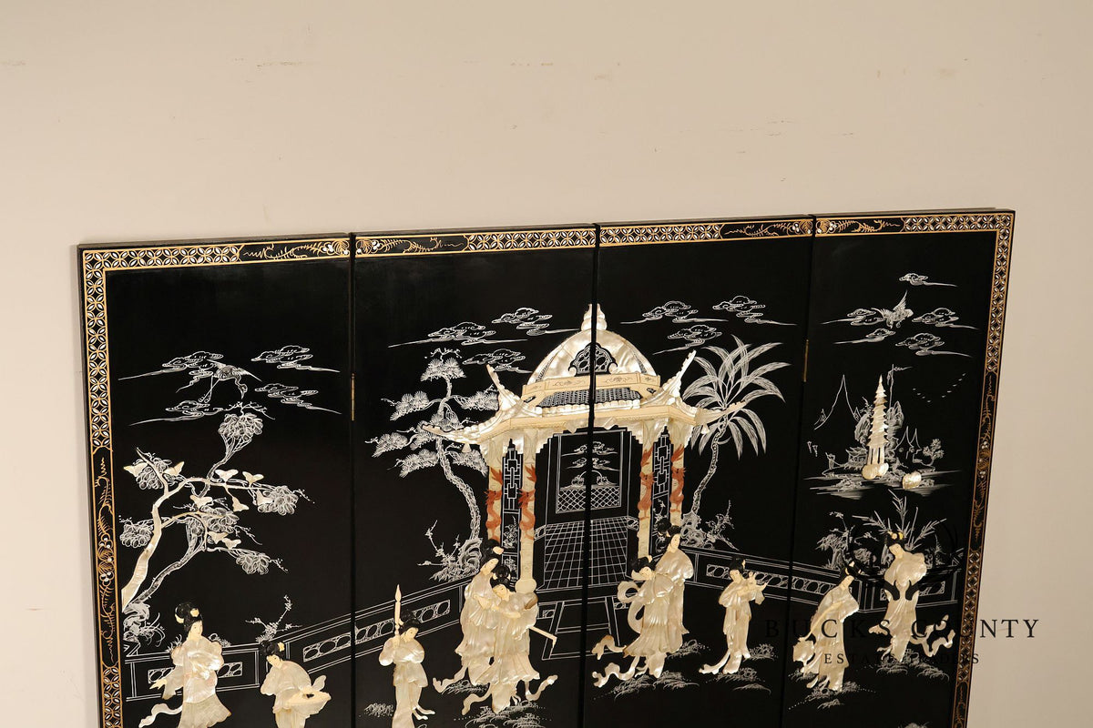 Asian Black Lacquer Vintage Pair Of Four Panel Folding Screens With Mother Of Pearl Inlay