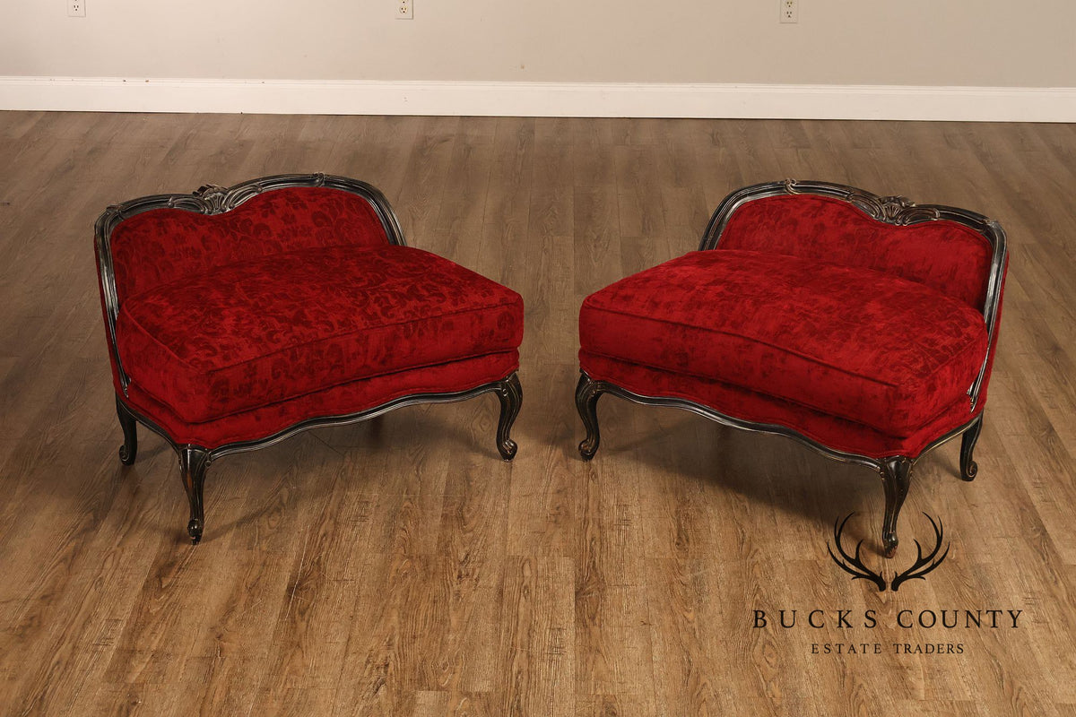 Henredon Louis XV Style Pair Of Red Upholstered Bergère Lounge Chairs