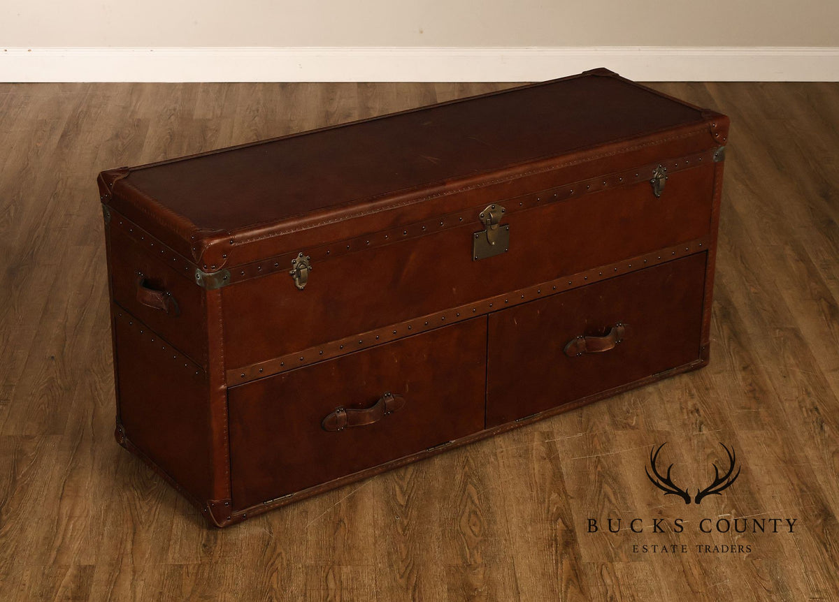 Restoration Hardware Leather Campaign-Style Storage Trunk With Drawers