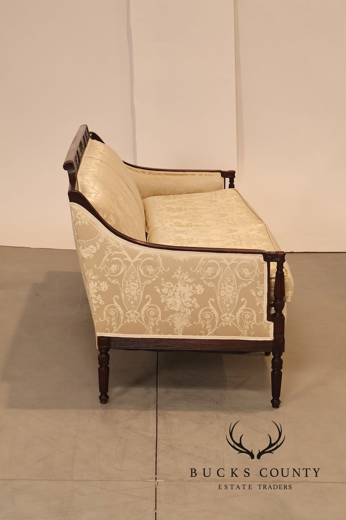 Federal Sheraton Style Upholstered Sofa With Carved Wood Frame