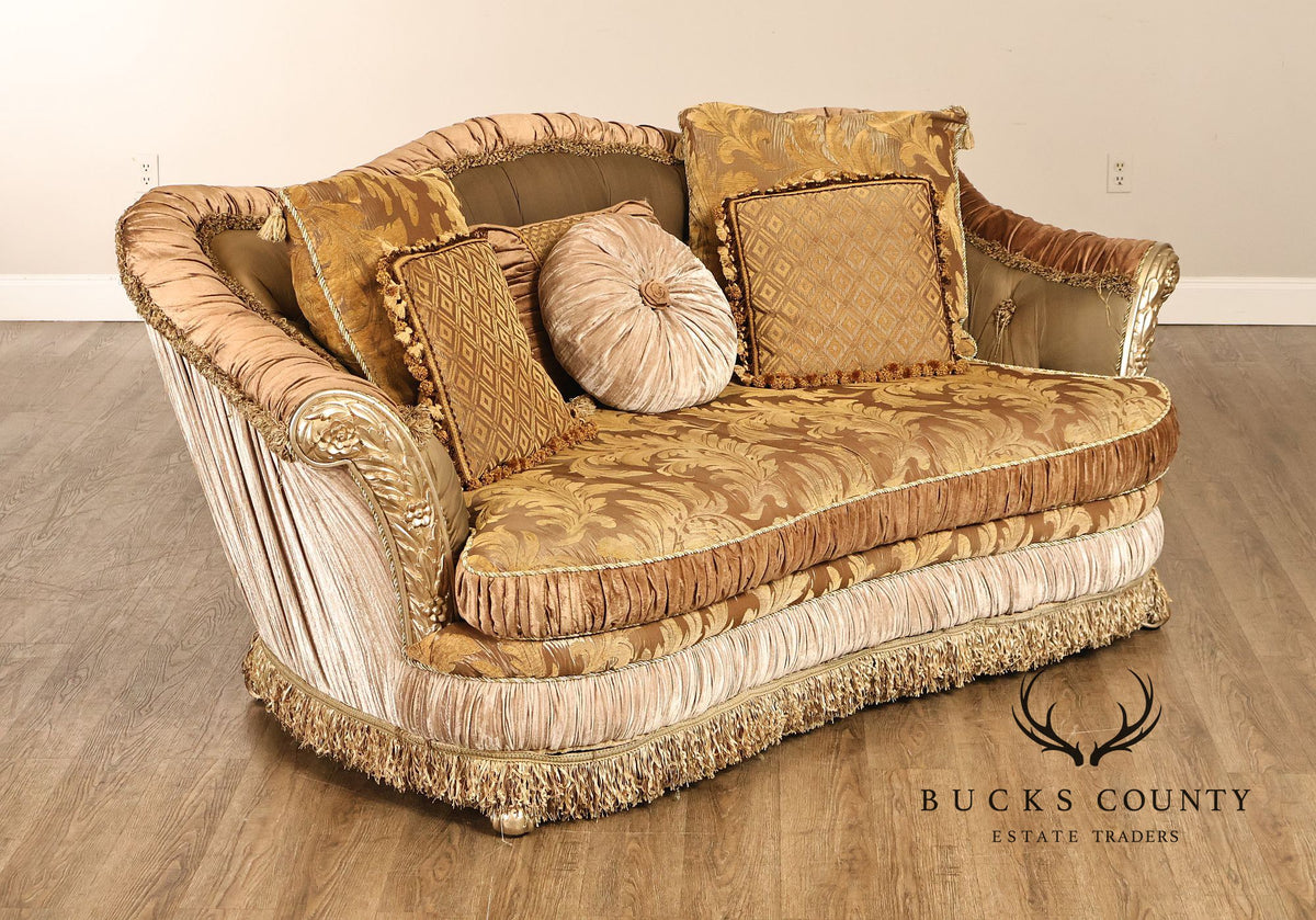 Tufted Rococo Camelback Sofa With Carved Gilt Trim
