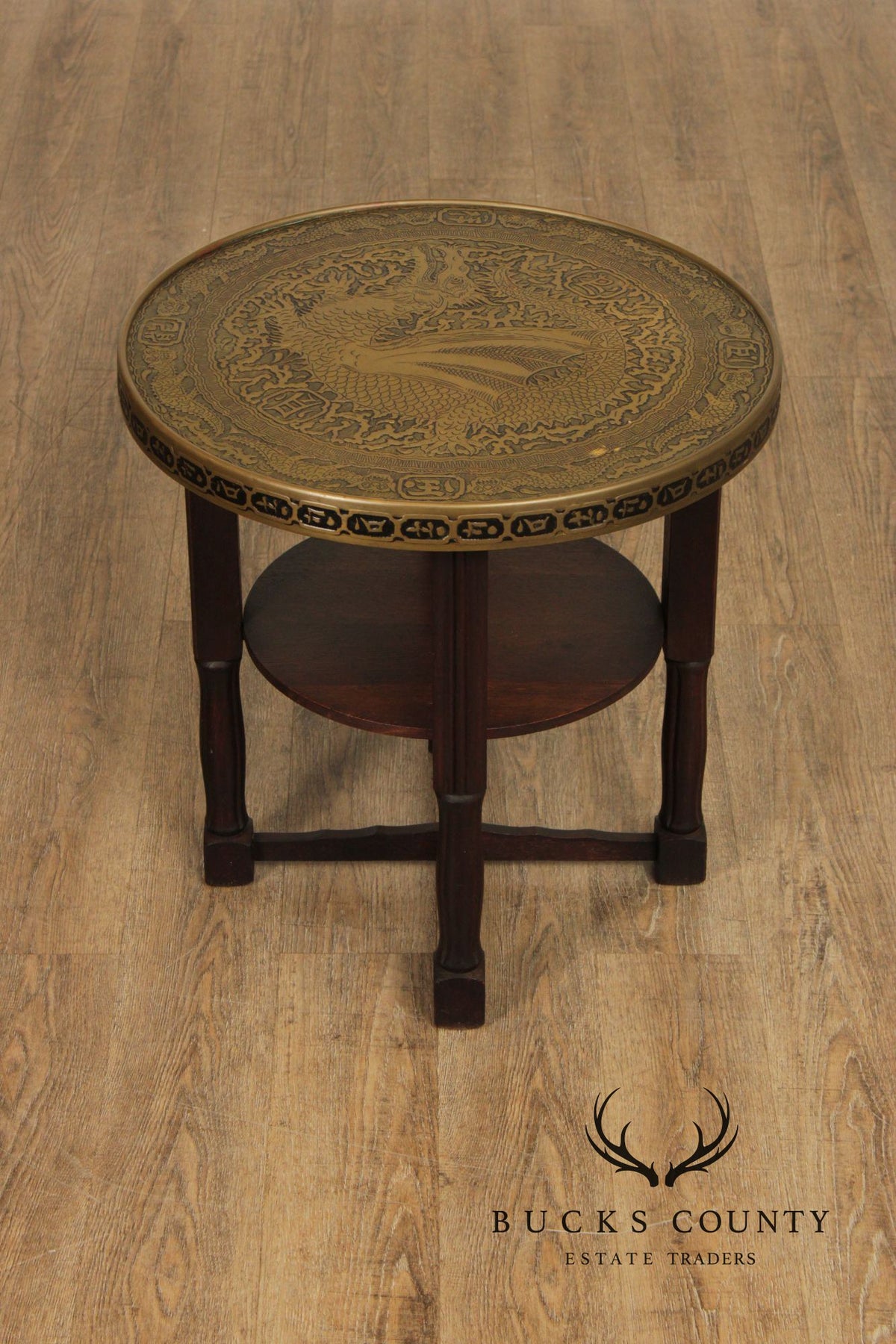Chinese Style Bronze Top And Wood Base Accent Table With Dragon Motif