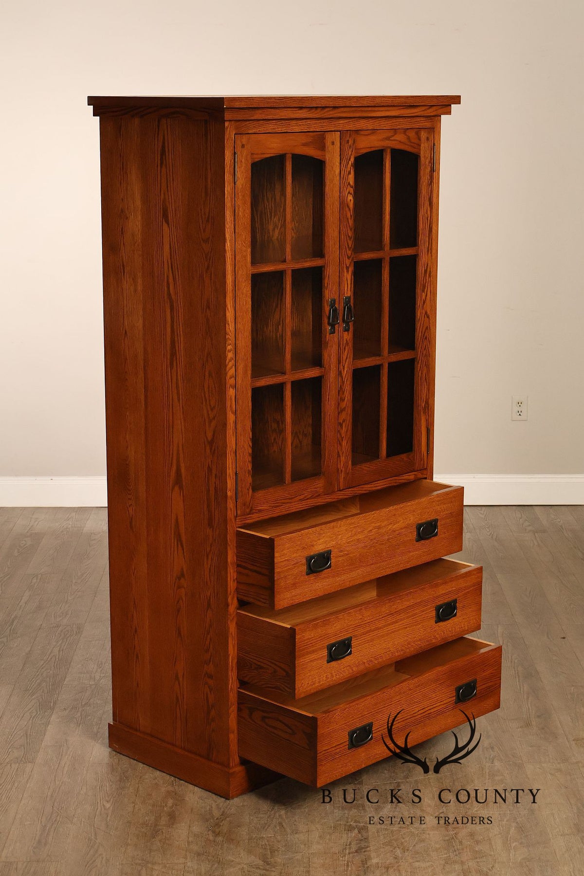 Mission Oak Two Door Display Bookcase Cabinet With Drawers