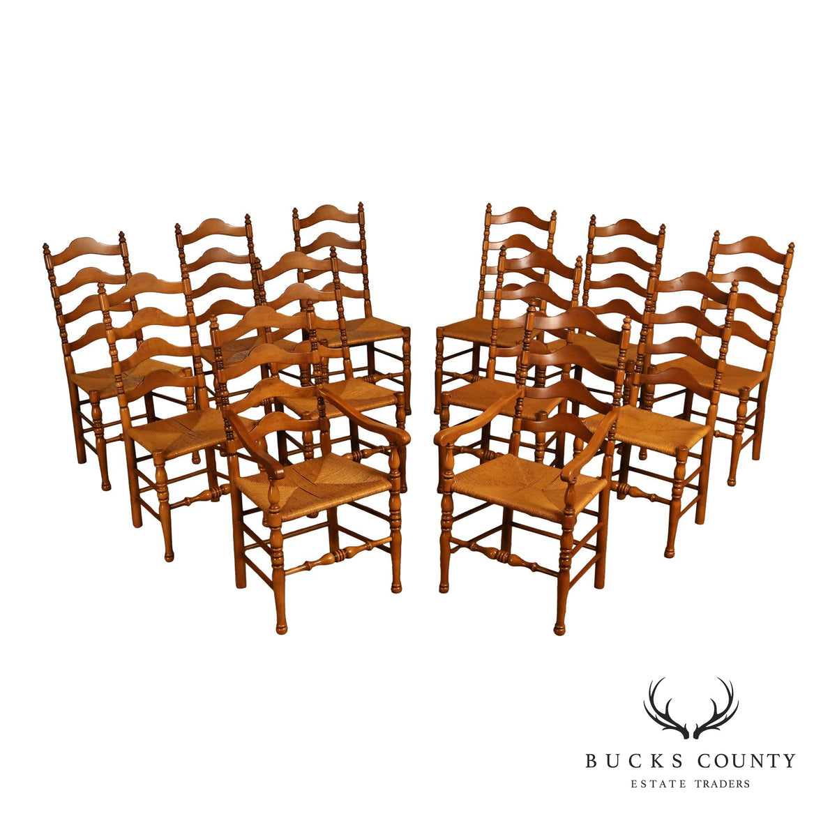 Vintage Set Of 12 Maple Rush Seat Ladderback Dining Chairs