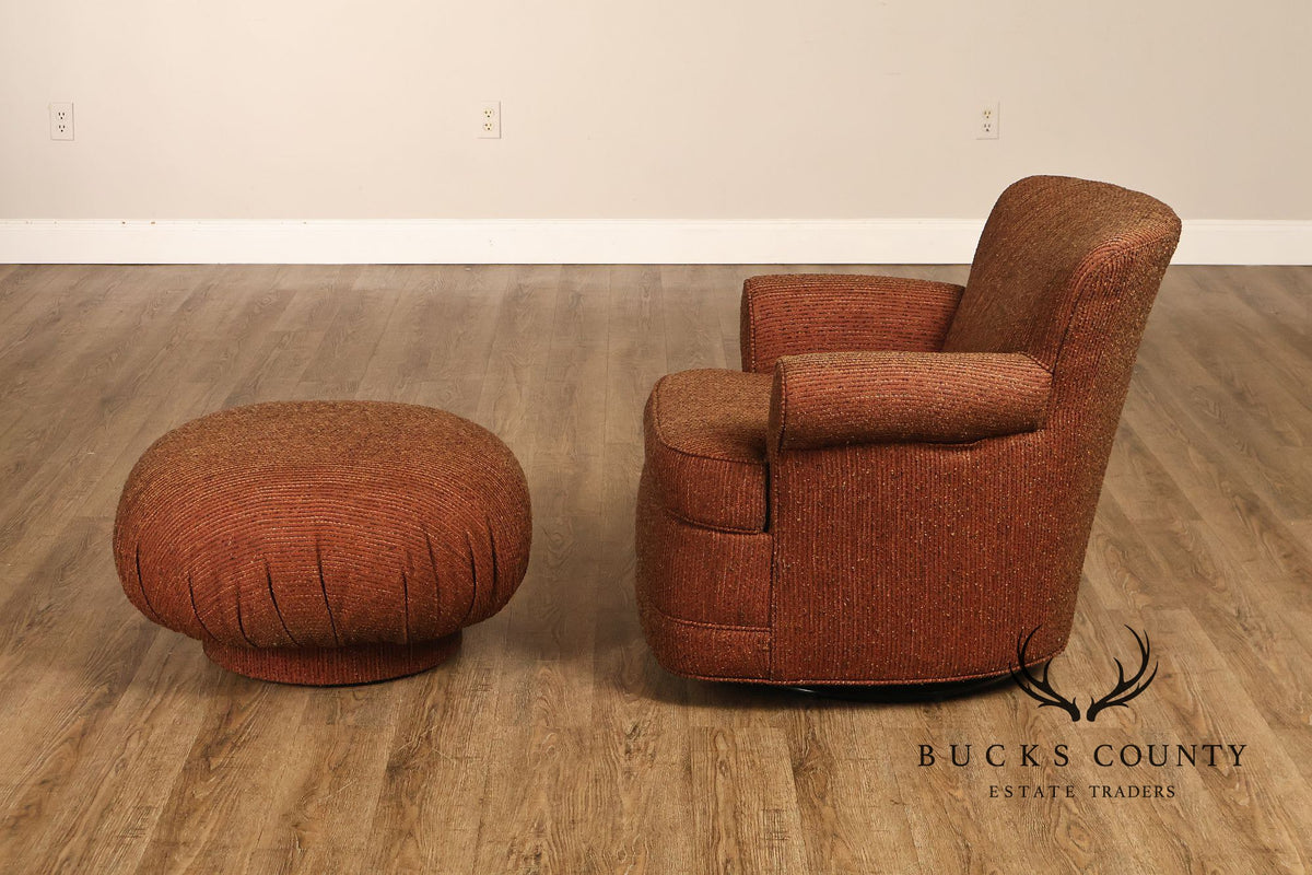 Leggett & Platt Pair Of Upholstered Swivel Glider Club Chairs With Round Ottoman