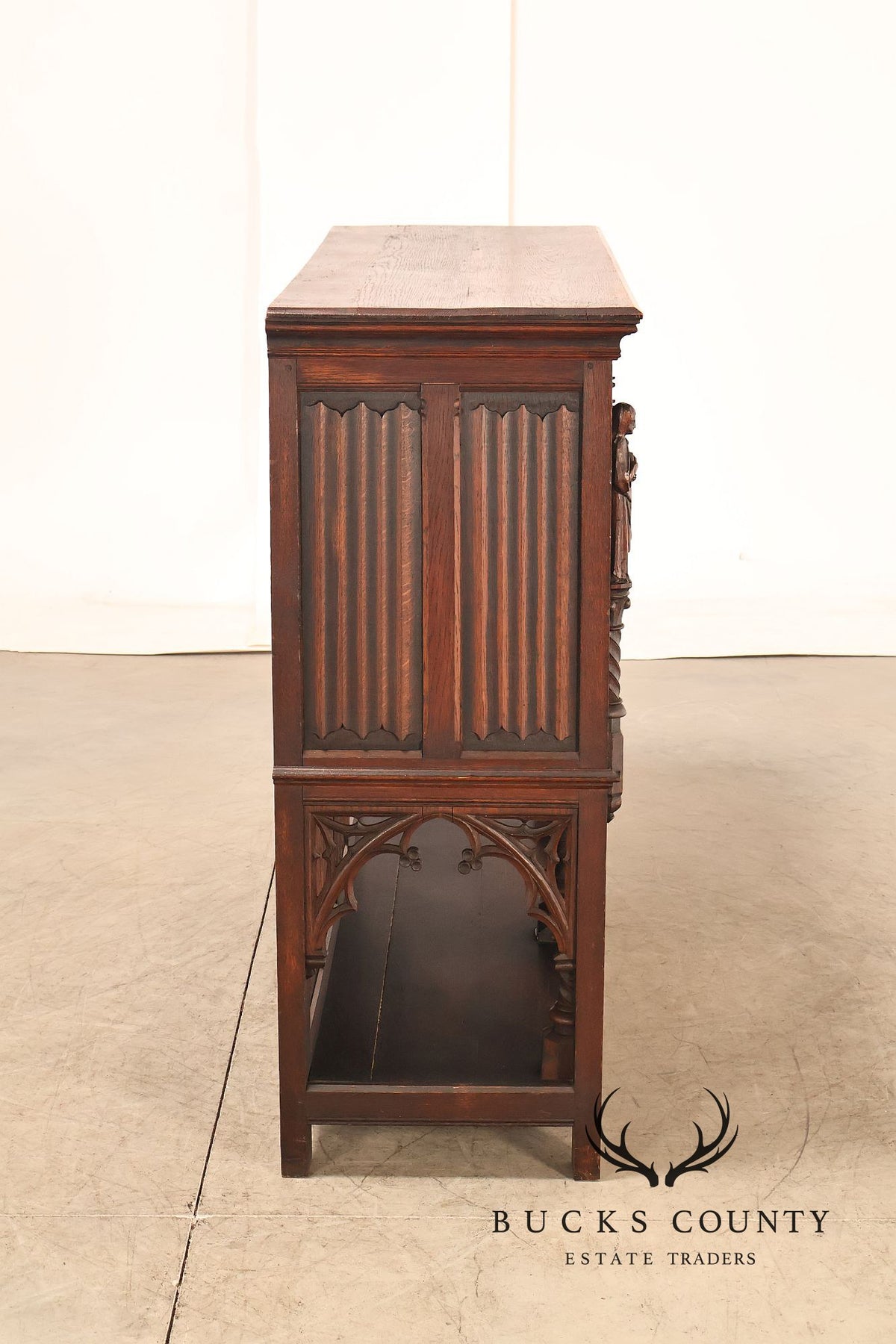 Antique Neo-Gothic Carved Oak Sideboard Server With Figural Panels