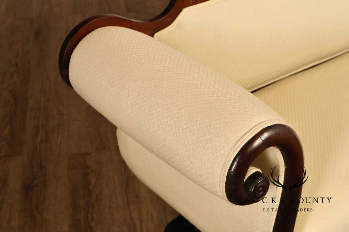Antique Empire Style Mahogany Classical Scroll Arm Sofa