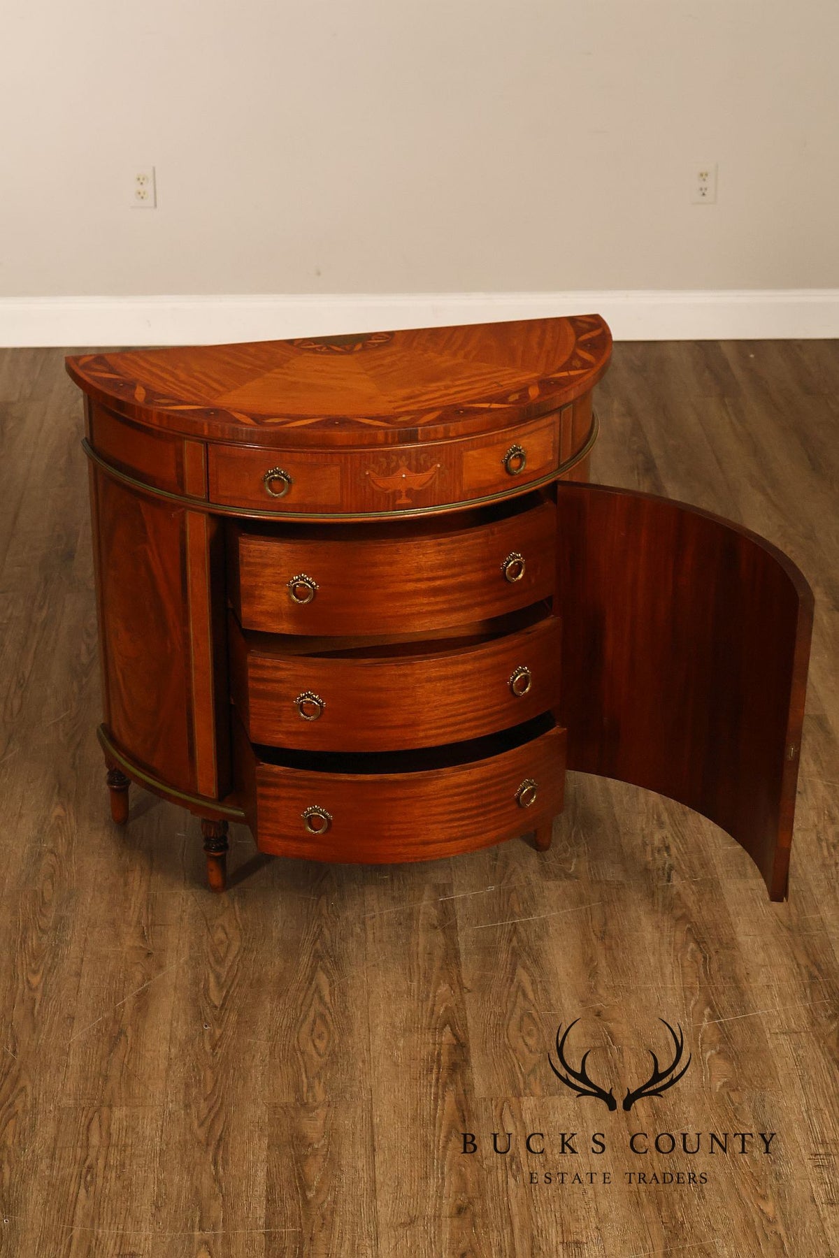 Neoclassical Style Inlaid Demilune Cabinet With Interior Drawers