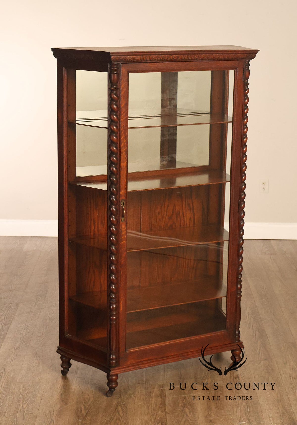 Antique Barley Twist Oak Glass Display Cabinet