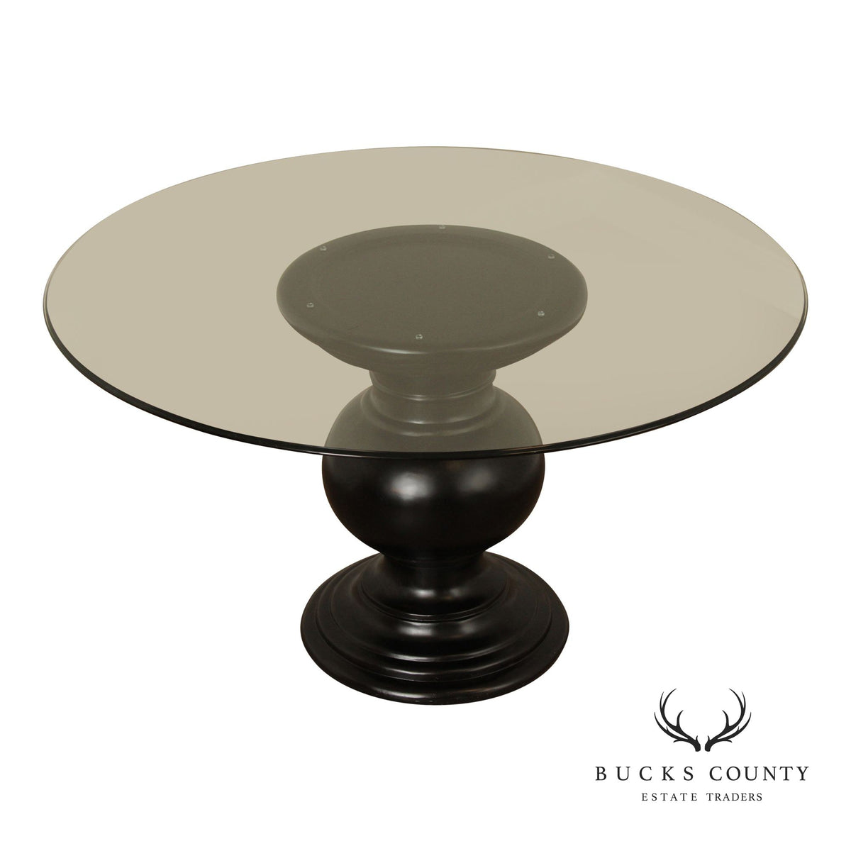 Contemporary Round Glass Top Ebonized Pedestal Dining Table