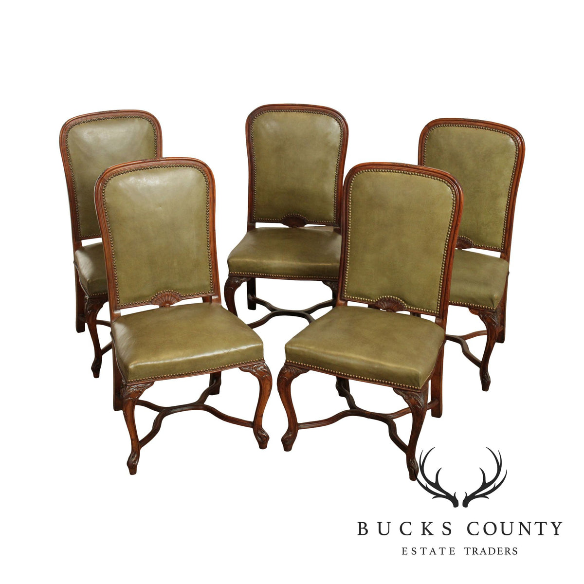 French Louis XV Style Vintage Set 5 Walnut & Green Leather Dining Chairs