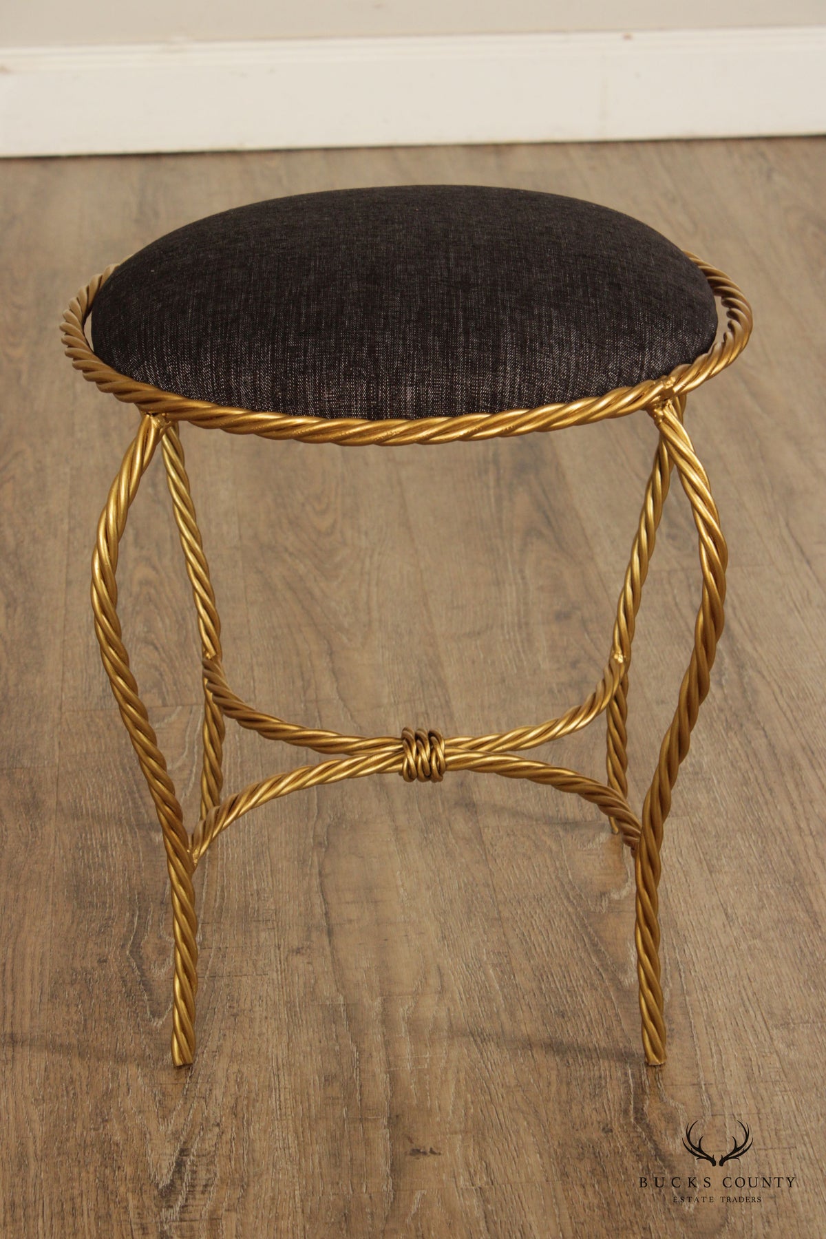 Hollywood Regency Pair of Gilt Metal Rope Twist Stools