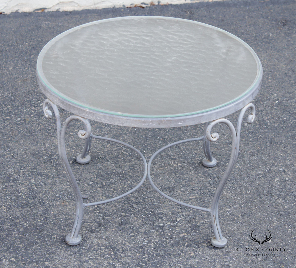 French Style Vintage Scrolled Wrought Iron Round Glass Top Outdoor Cocktail Table