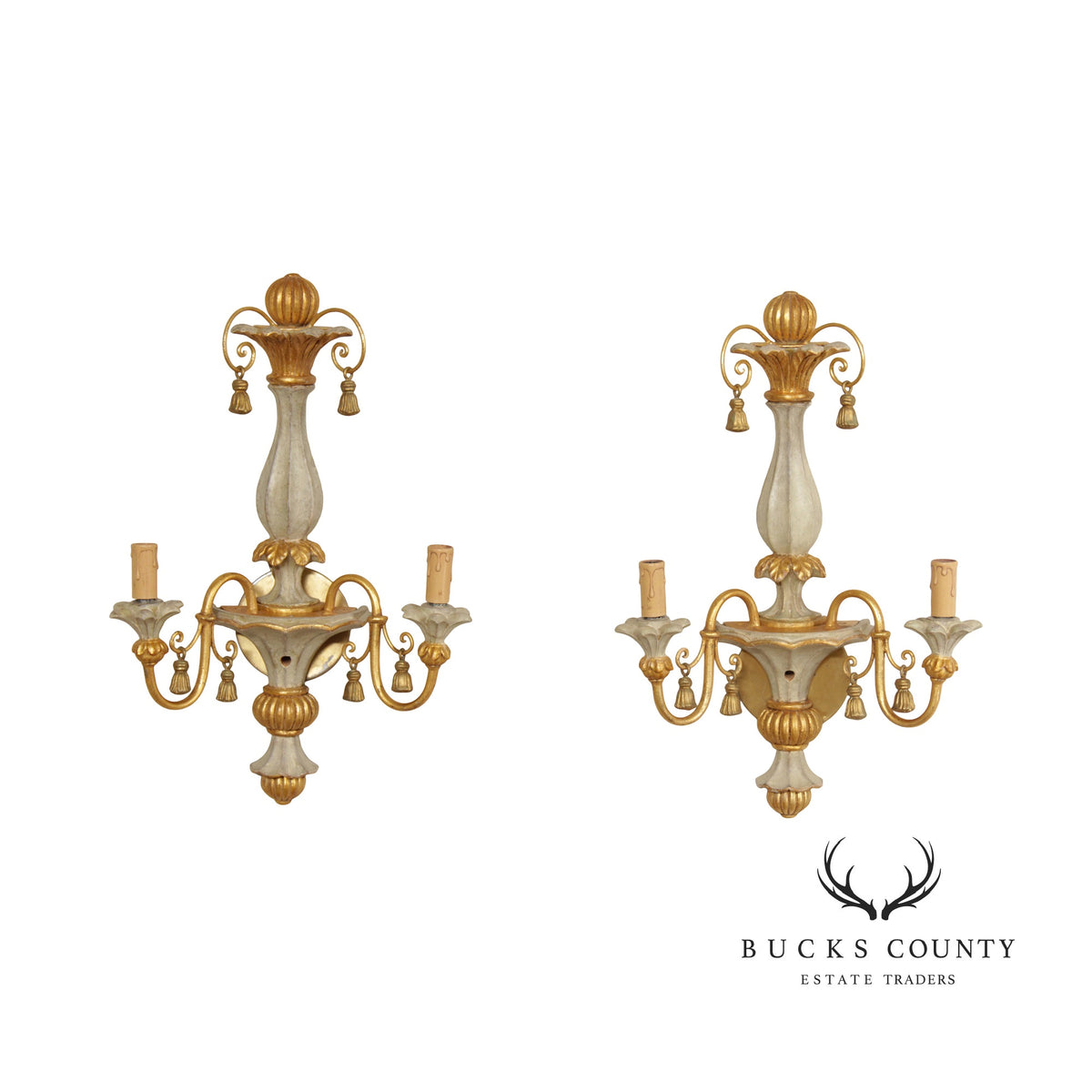 Italian Hollywood Regency Pair Parcel Gilt 2-Light Wall Sconces