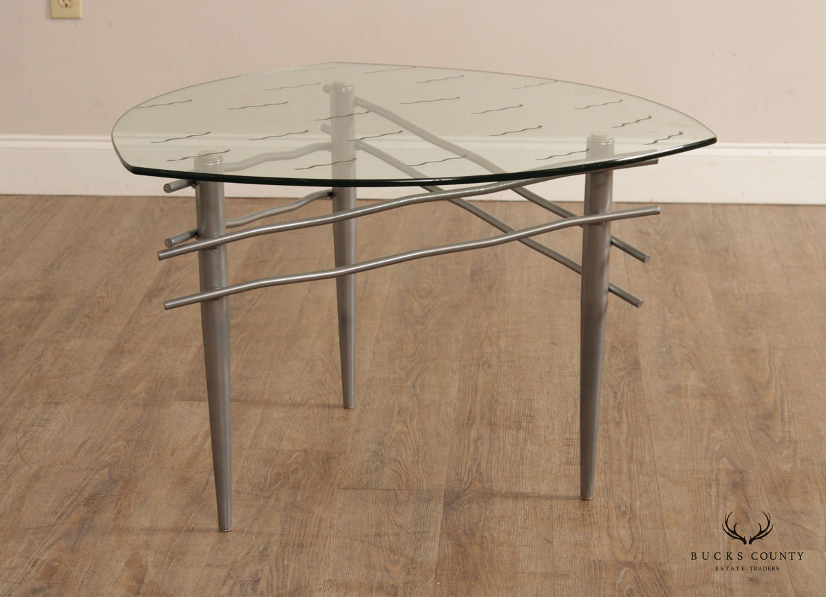 Modern Triangular Glass Top Brushed Steel Table