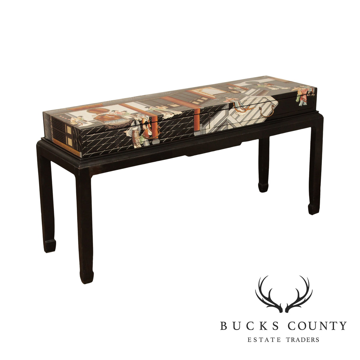 Vintage Chinese Style Lacquered Figural Scene Console