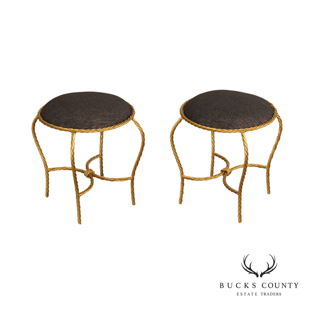 Hollywood Regency Pair of Gilt Metal Rope Twist Stools