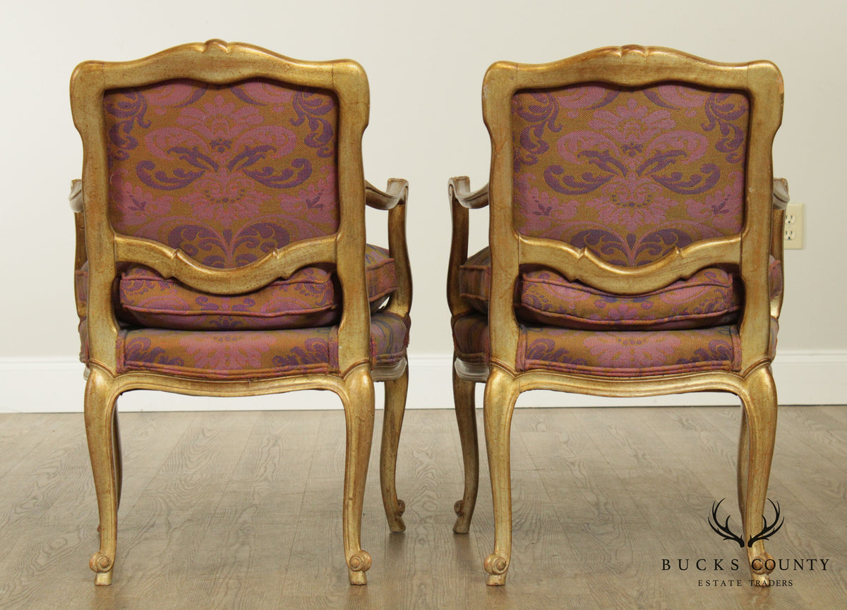 Hollywood Regency French Louis XV Style Vintage Gilt Wood Frame Pair Fauteuil Armchairs
