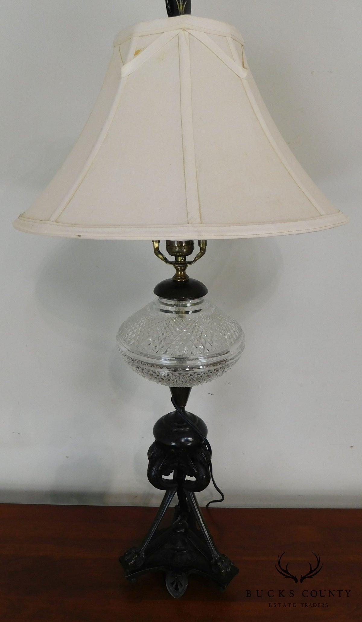 Aesthetic Movement Stork/Crane Figural Black Painted Bronze Table Lamp with Shade