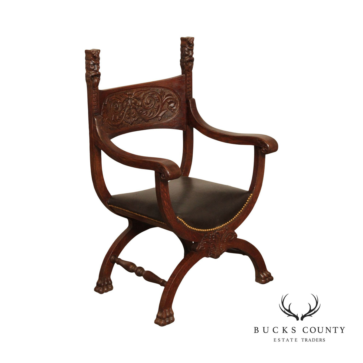 Antique Renaissance Revival Oak Carved  Savonarola Armchair